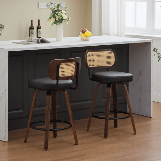 Bancos de bar 2 unidades - 66 cm Rattan giratórios com encosto de cana e assento estofado - Preto Bancos de bar 2 unidades - 66 cm Rattan giratórios com encosto de cana e assento estofado - Preto