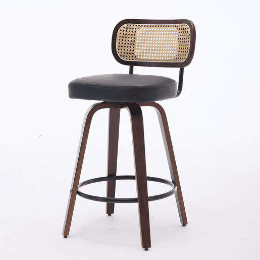 Bancos de bar 2 unidades - 66 cm Rattan giratórios com encosto de cana e assento estofado - Preto Bancos de bar 2 unidades - 66 cm Rattan giratórios com encosto de cana e assento estofado - Preto