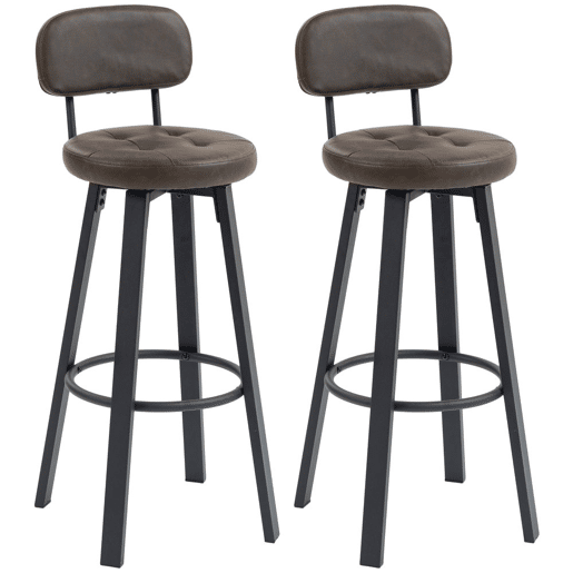 HOMCOM Conjunto de 2 Bancos de Bar Bancos Altos de Cozinha Giratórios Estofados em PU com Encosto Estrutura de Metal Apoio para os Pés Assento a 76,5 cm de Altura Castanho Escuro