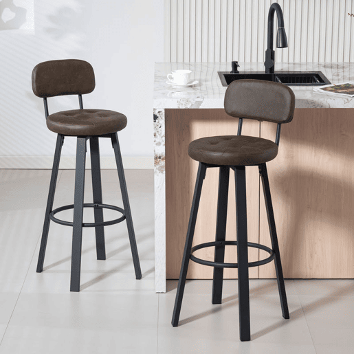 HOMCOM Conjunto de 2 Bancos de Bar Bancos Altos de Cozinha Giratórios Estofados em PU com Encosto Estrutura de Metal Apoio para os Pés Assento a 76,5 cm de Altura Castanho Escuro
