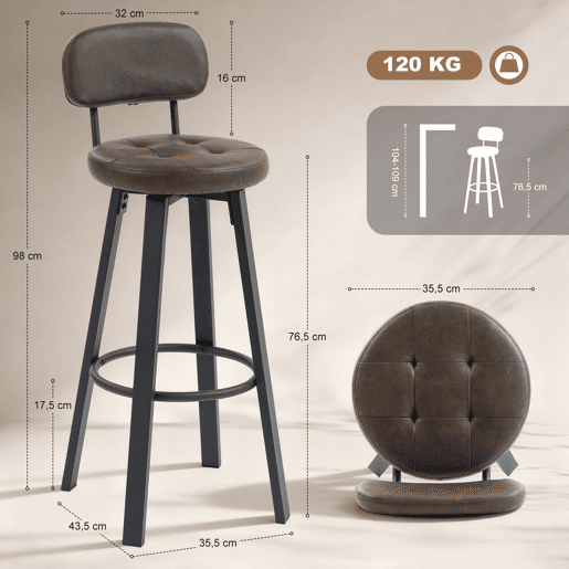 HOMCOM Conjunto de 2 Bancos de Bar Bancos Altos de Cozinha Giratórios Estofados em PU com Encosto Estrutura de Metal Apoio para os Pés Assento a 76,5 cm de Altura Castanho Escuro