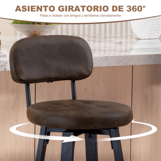 HOMCOM Conjunto de 2 Bancos de Bar Bancos Altos de Cozinha Giratórios Estofados em PU com Encosto Estrutura de Metal Apoio para os Pés Assento a 76,5 cm de Altura Castanho Escuro