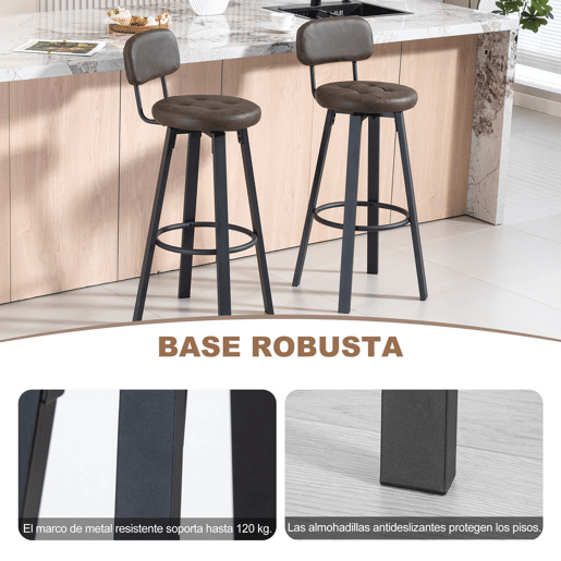 HOMCOM Conjunto de 2 Bancos de Bar Bancos Altos de Cozinha Giratórios Estofados em PU com Encosto Estrutura de Metal Apoio para os Pés Assento a 76,5 cm de Altura Castanho Escuro
