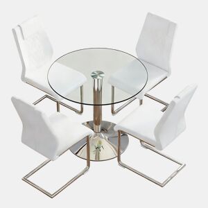Conjunto de mesa de jantar 85 cm - minimalista em vidro temperado com 4 cadeiras em PU - Branco+Prata