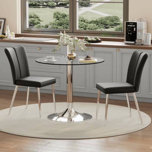 Conjunto de mesa de jantar 85 cm - vidro de segurança, 2 cadeiras PU - preto prateado