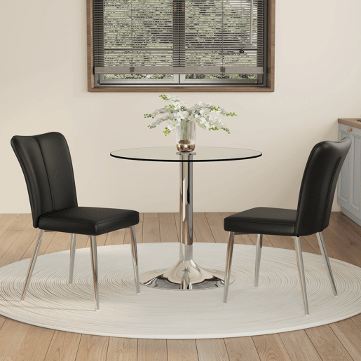 Conjunto de mesa de jantar 85 cm - vidro de segurança, 2 cadeiras PU - preto prateado