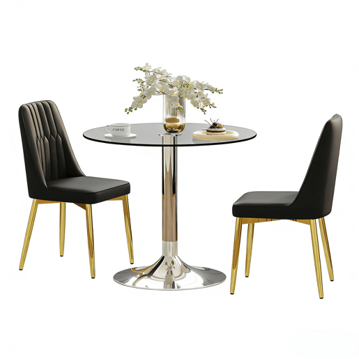 Conjunto de mesa de jantar 85 cm - Minimalista em vidro temperado + 2 cadeiras em PU - Preto+Dourado