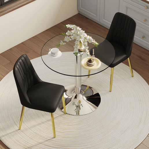 Conjunto de mesa de jantar 85 cm - Minimalista em vidro temperado + 2 cadeiras em PU - Preto+Dourado