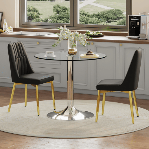 Conjunto de mesa de jantar 85 cm - Minimalista em vidro temperado + 2 cadeiras em PU - Preto+Dourado
