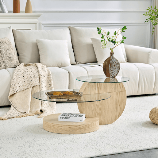 Mesa de centro com 2 níveis - vidro de segurança, estrutura em MDF, design minimalista - TransparenteMadeira