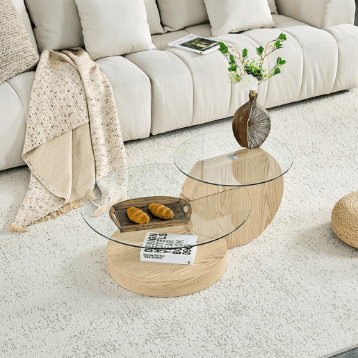 Mesa de centro com 2 níveis - vidro de segurança, estrutura em MDF, design minimalista - TransparenteMadeira