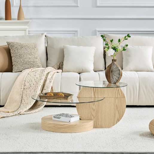 Mesa de centro com 2 níveis - vidro de segurança, estrutura em MDF, design minimalista - TransparenteMadeira