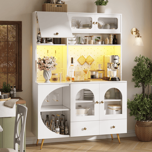 Aparador alto LED - com USB, tomadas, prateleiras de vidro e gaveta - Branco