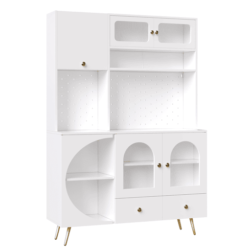 Aparador alto LED - com USB, tomadas, prateleiras de vidro e gaveta - Branco