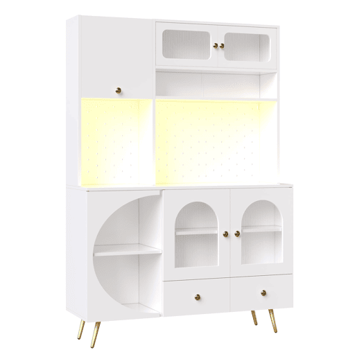 Aparador alto LED - com USB, tomadas, prateleiras de vidro e gaveta - Branco