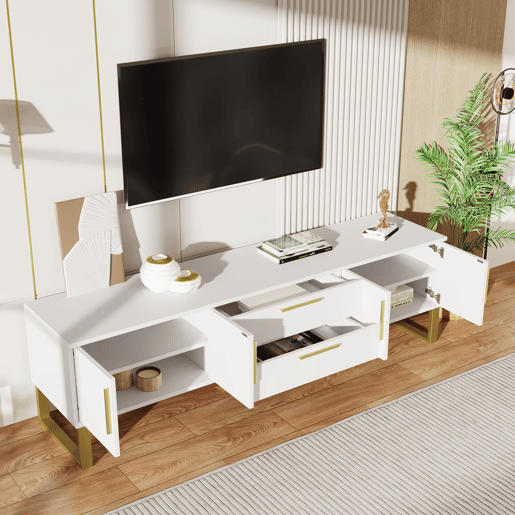Móvel de TV alto brilho - portas texturizadas, detalhes dourados, arrumação - Branco