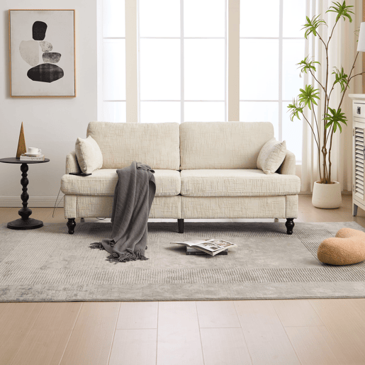 Sofá de 2 lugares - Chenille, pés de madeira, LED, USB e arrumação - Bege