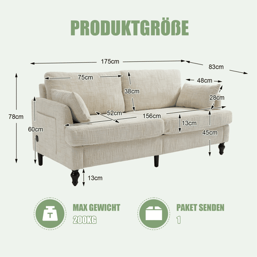 Sofá de 2 lugares - Chenille, pés de madeira, LED, USB e arrumação - Bege
