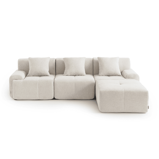 Sofá modular de 3 lugares com chaise longue, tecido chenille na cor branco marfim