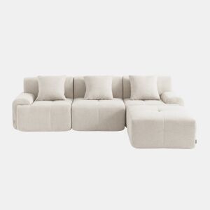 Sofá modular de 3 lugares com chaise longue, tecido chenille na cor branco marfim