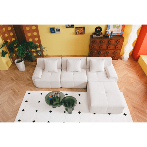 Sofá modular de 3 lugares com chaise longue, tecido chenille na cor branco marfim