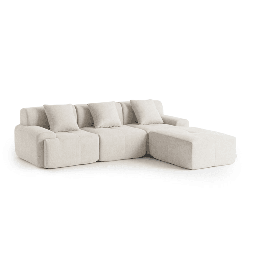 Sofá modular de 3 lugares com chaise longue, tecido chenille na cor branco marfim