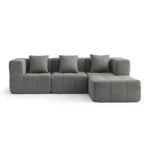 Sofá modular de 3 lugares com chaise longue, tecido bouclé na cor cinza nuvem