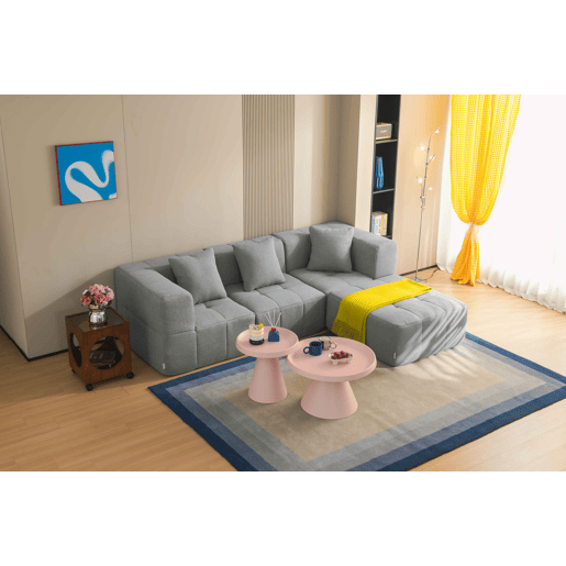 Sofá modular de 3 lugares com chaise longue, tecido bouclé na cor cinza nuvem