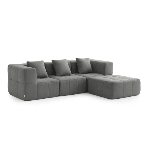 Sofá modular de 3 lugares com chaise longue, tecido bouclé na cor cinza nuvem
