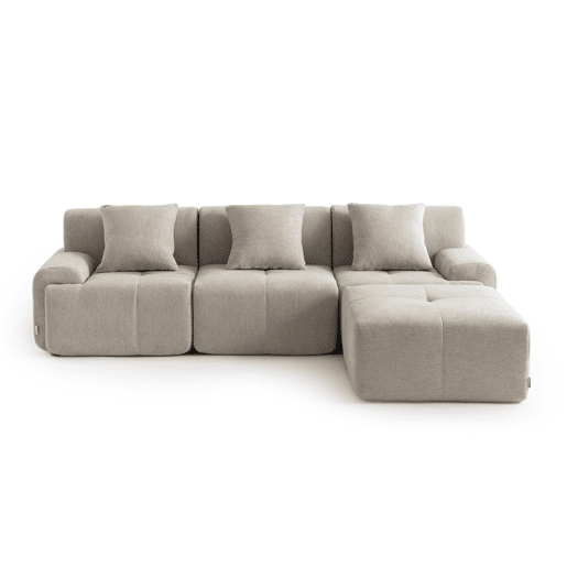 Sofá modular de 3 lugares com chaise longue, tecido chenille na cor bege areia