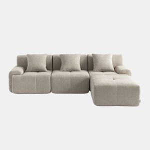 Sofá modular de 3 lugares com chaise longue, tecido chenille na cor bege areia