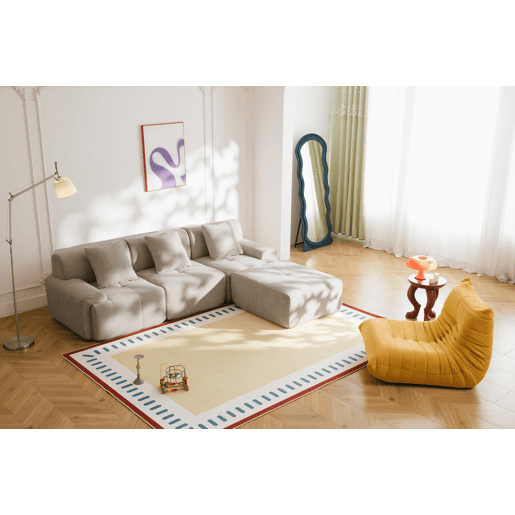 Sofá modular de 3 lugares com chaise longue, tecido chenille na cor bege areia