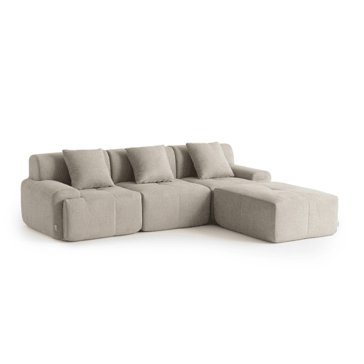 Sofá modular de 3 lugares com chaise longue, tecido chenille na cor bege areia
