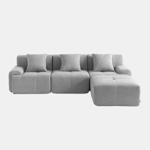 Sofá modular de 3 lugares com chaise longue, tecido chenille na cor cinza mineral