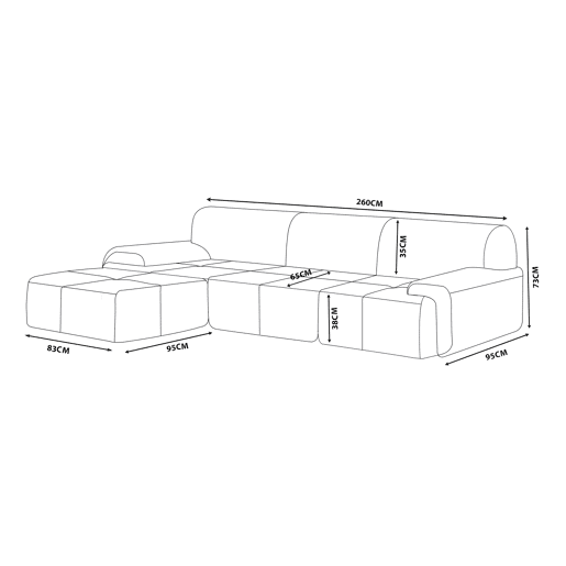 Sofá modular de 3 lugares com chaise longue, tecido chenille na cor cinza mineral Sofá modular de 3 lugares com chaise longue, tecido chenille na cor cinza mineral
