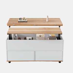 Mesa de centro 100x98x65 cm - Elevável com arrumação e rodas - Branco e madeira natural