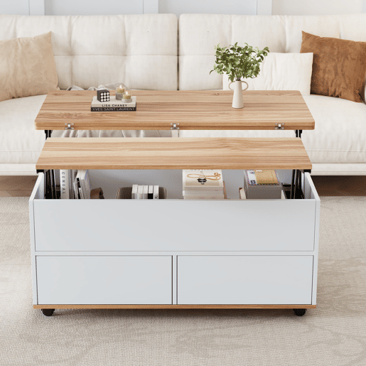 Mesa de centro 100x98x65 cm - Elevável com arrumação e rodas - Branco e madeira natural Mesa de centro 100x98x65 cm - Elevável com arrumação e rodas - Branco e madeira natural