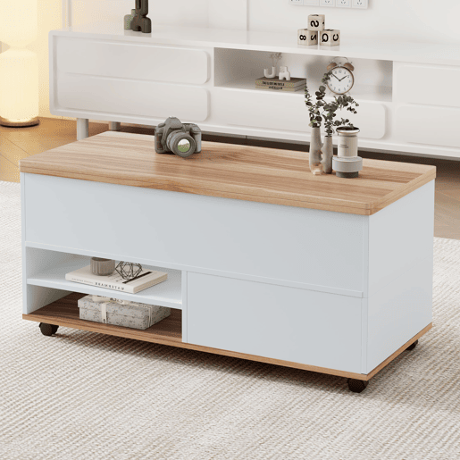Mesa de centro 100x98x65 cm - Elevável com arrumação e rodas - Branco e madeira natural Mesa de centro 100x98x65 cm - Elevável com arrumação e rodas - Branco e madeira natural