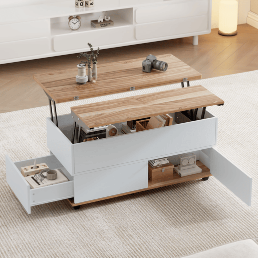 Mesa de centro 100x98x65 cm - Elevável com arrumação e rodas - Branco e madeira natural Mesa de centro 100x98x65 cm - Elevável com arrumação e rodas - Branco e madeira natural