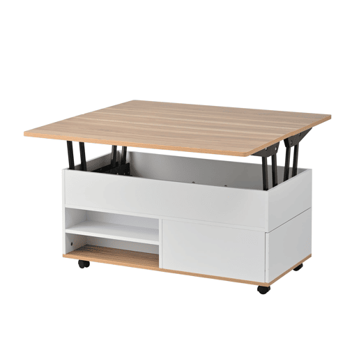 Mesa de centro 100x98x65 cm - Elevável com arrumação e rodas - Branco e madeira natural Mesa de centro 100x98x65 cm - Elevável com arrumação e rodas - Branco e madeira natural