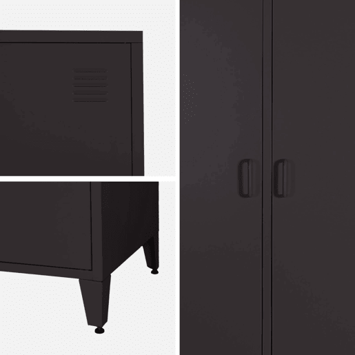 Guarda-roupa industrial em metal com 2 portas, 4 prateleiras, 1 cabideiro, Soho, Preto, 48x80x181 cm
