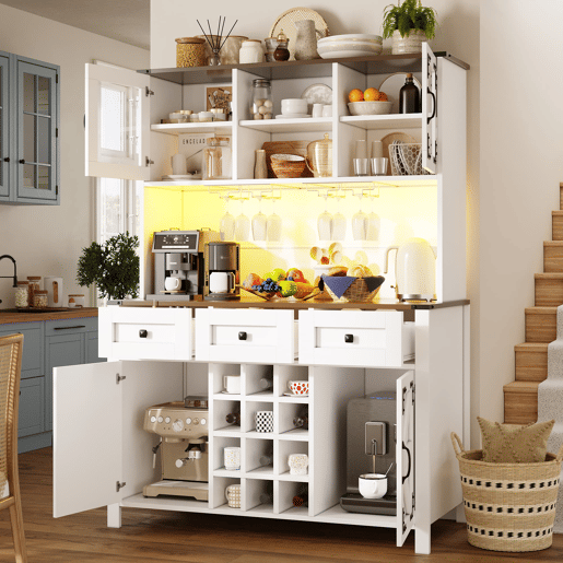 Armário alto de cozinha 120x40x170cm - 4 portas, 3 gavetas, USB, LED - Branco