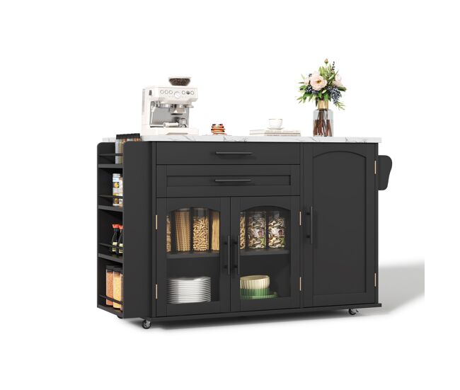 Isla de cocina móvil 120x45(70)x90 cm - plegable, con ruedas y almacenamiento - negro