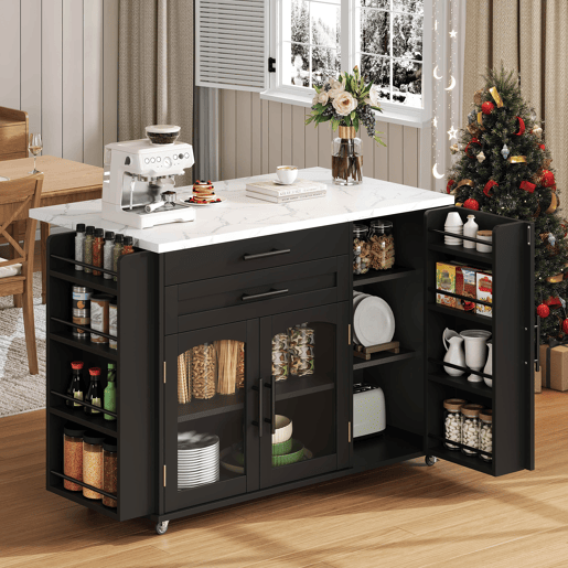 Ilha de cozinha móvel 120x45(70)x90 cm - Dobrável, com rodas e arrumação - Preto