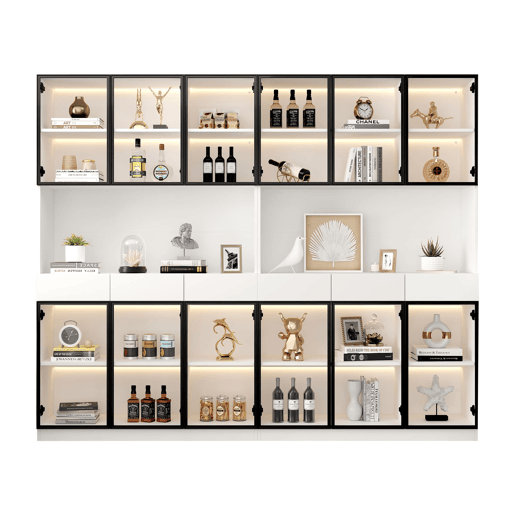 Vitrine de vidro 200 cm - Com luzes LED, prateleira multiusos para coleção, branca - Moldura da porta preta