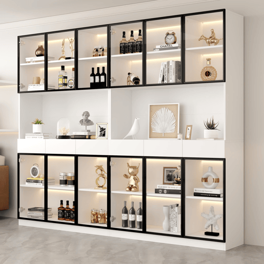 Vitrine de vidro 200 cm - Com luzes LED, prateleira multiusos para coleção, branca - Moldura da porta preta