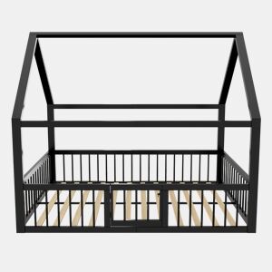 Cama baixa metálica 140x200 cm - estrutura de ferro estilo casa com grade - preta