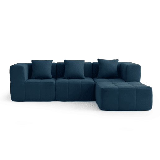 Sofá modular de 3 lugares com chaise longue, tecido bouclé na cor azul profundo