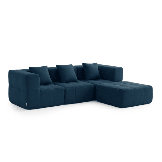 Sofá modular de 3 lugares com chaise longue, tecido bouclé na cor azul profundo