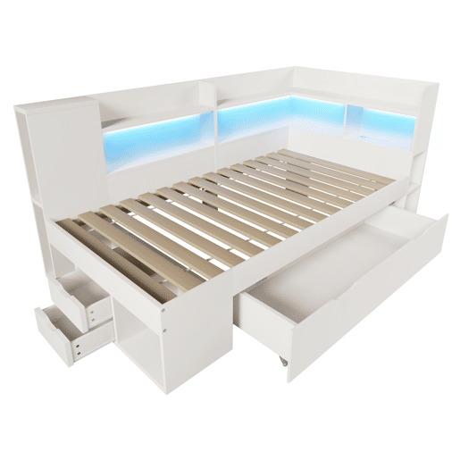 Cama extra 90x200 cm - LED, USB Tipo-C, armazenamento - branca Cama extra 90x200 cm - LED, USB Tipo-C, armazenamento - branca